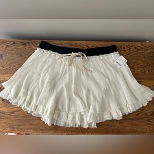 Free People White Ruffled Skirt with Black Waistband
